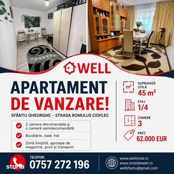 Apartament cu 3 camere semidecomandat în Central