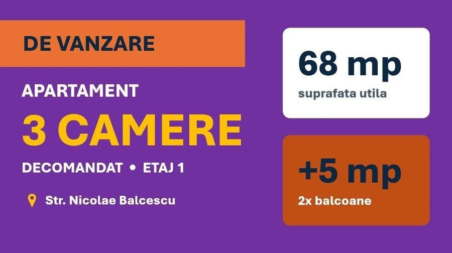Apartament cu 3 camere decomandat în Central