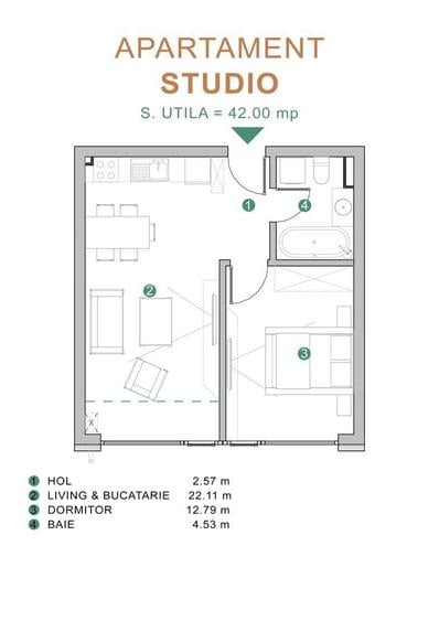 Studio | 42 mp | Bloc nou | Finisat complet | TVA inclus - 5