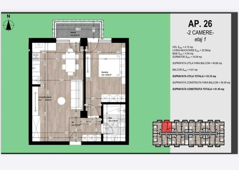 Apartament cu 2 camere semidecomandat în Otopeni