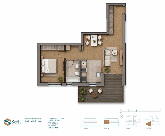 Sunbelt by Sevil | 2 camere | 55,75 mp utili, Terasă 13,50 mp, Parcare subterană - 13