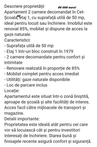 Apartament cu 2 camere, mobilat în CET