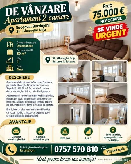 Apartament cu 2 camere decomandat în Burdujeni