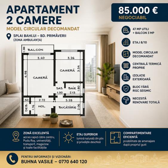 Apartament cu 2 camere decomandat în Podu Roș
