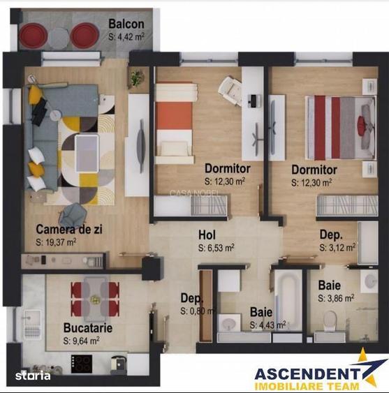 Apartament cu 3 camere decomandat în Tractorul