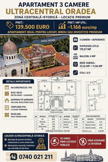 Apartament cu 3 camere în Orașul Nou
