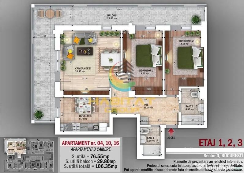 Apartament cu 3 camere decomandat în Titan