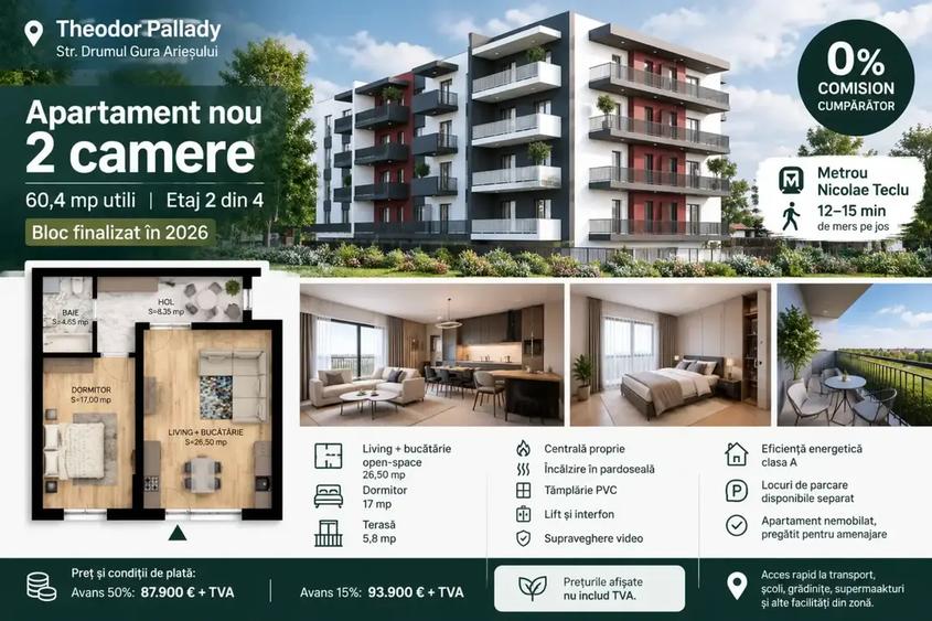 Apartament cu 2 camere semidecomandat în Theodor Pallady