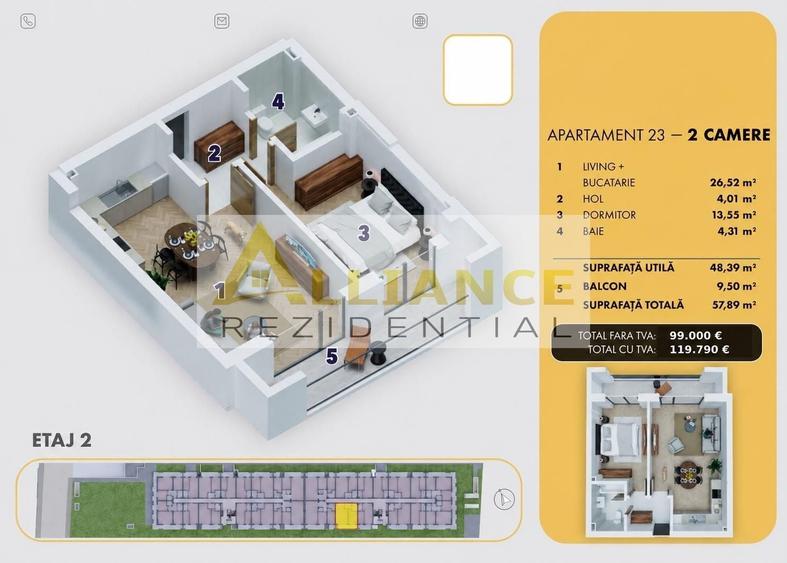 5 MINUTE METROU BERCENI - APARTAMENT 2 CAMERE   - 58 mp - 119.790â¬ - 5
