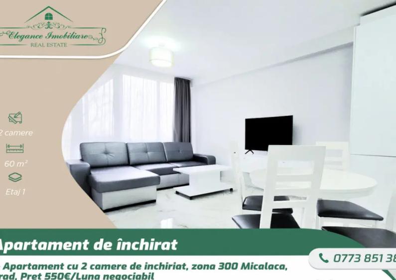 Apartament cu 2 camere semidecomandat, mobilat în Micălaca