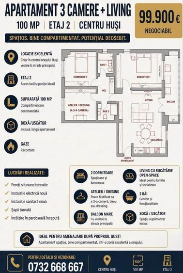 Apartament cu 4 camere decomandat în Central