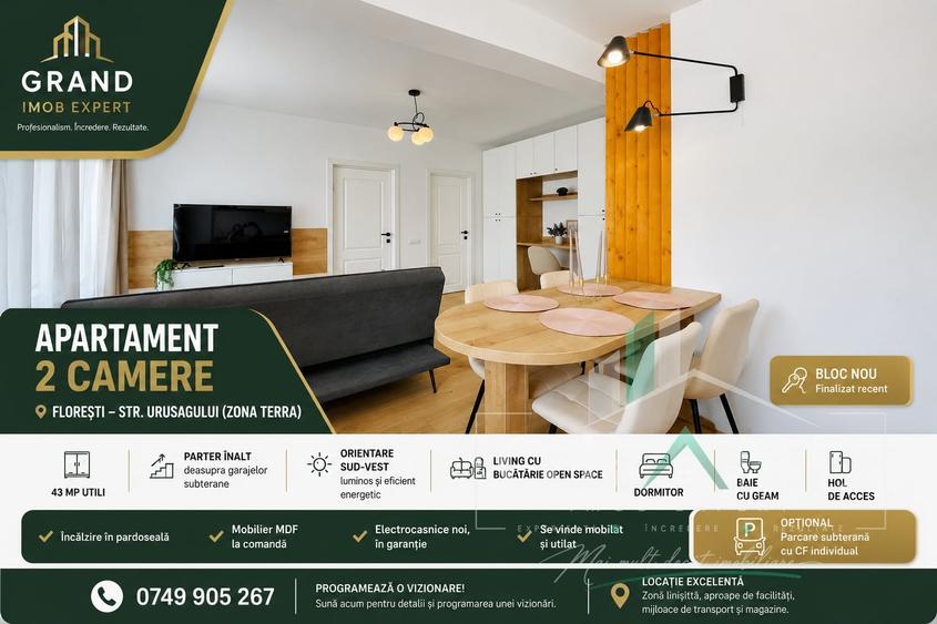 Apartament cu 2 camere semidecomandat, mobilat în Florești