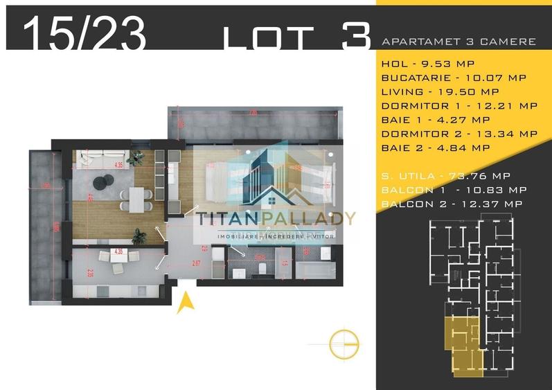 Apartament cu 3 camere în Titan