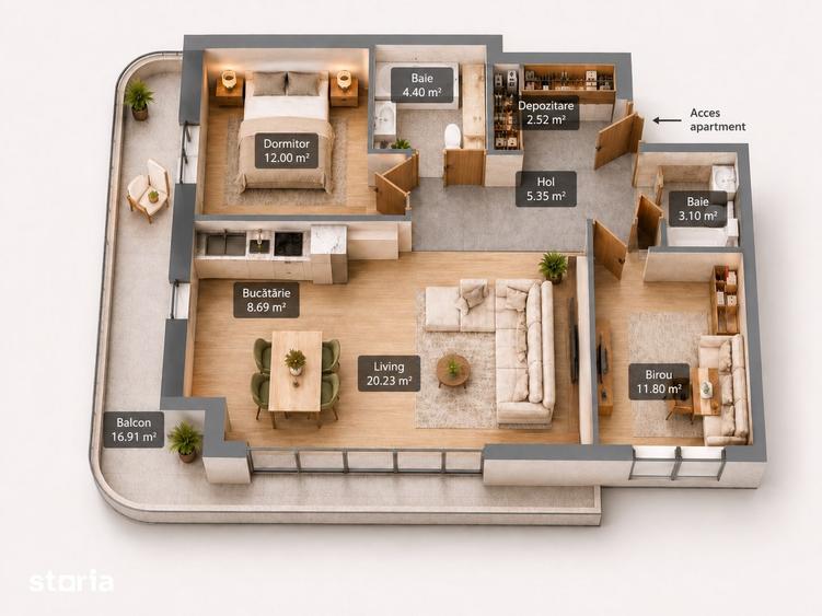 Apartament cu 3 camere în Țiglina 1
