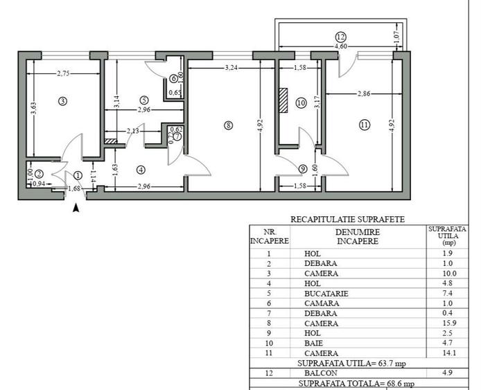Apartament cu 3 camere semidecomandat în Hipodrom