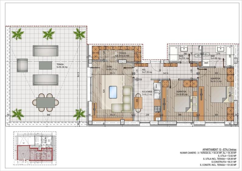 Apartament 3 camere decomandate cu Terasa Comision 0 - 9