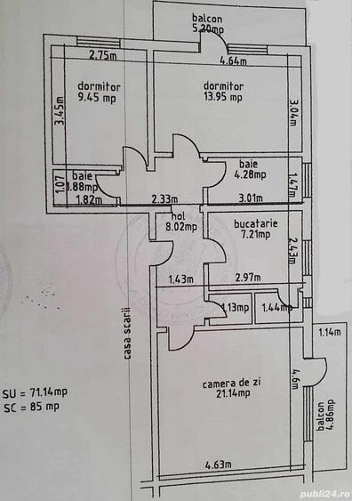 Apartament cu 3 camere decomandat în Câmpineanca