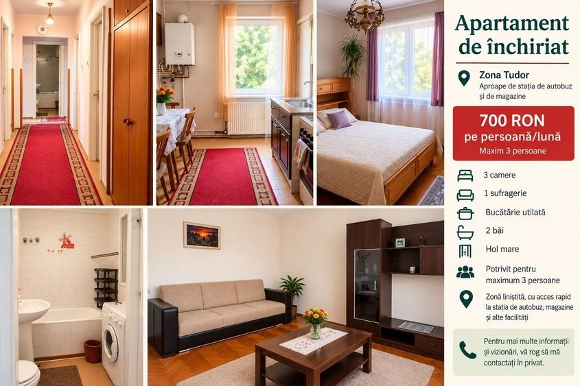 Apartament cu 3 camere decomandat în Tudor