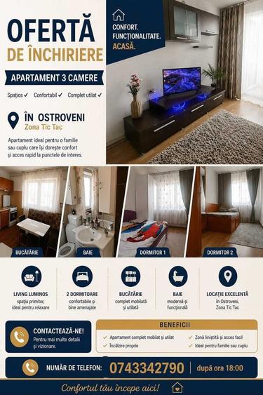 Apartament cu 3 camere decomandat în Ostroveni