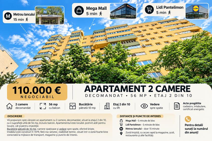 Apartament cu 2 camere decomandat în Pantelimon