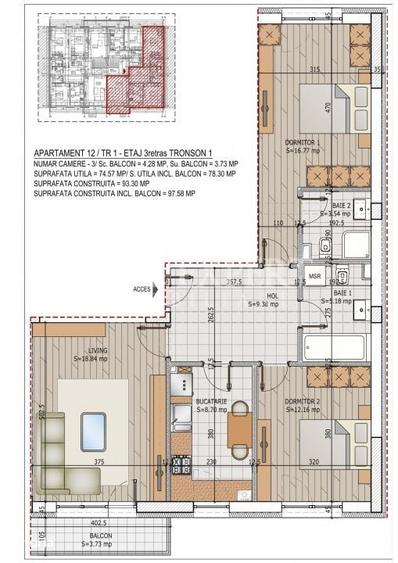 Apartament cu 3 camere în Titan