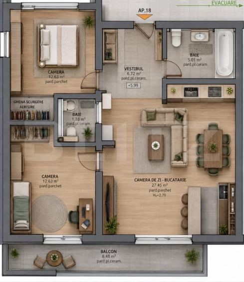 Apartament Generos 3 Camere | Zona Tudor | 74,62 mp - 1