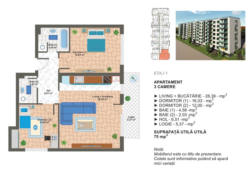 Apartament cu 3 camere semidecomandat în Apărătorii Patriei