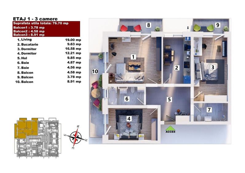 Apartament cu 3 camere decomandat în Sânpetru