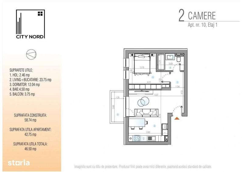 Apartament cu 2 camere în Tunari
