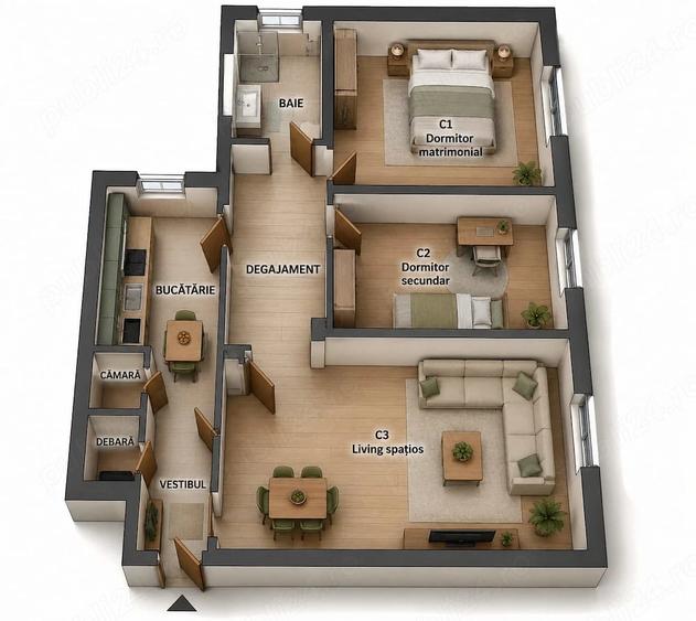 Apartament cu 2 camere decomandat în Tomești