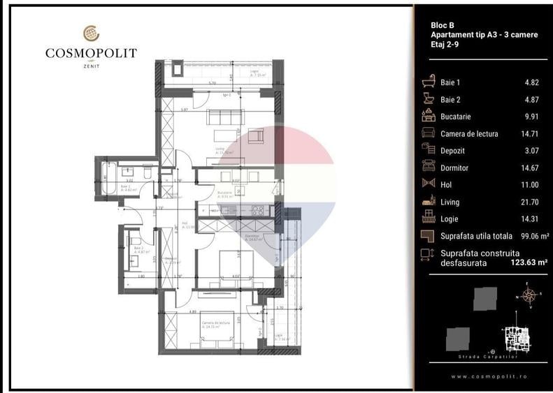 Apartament cu 3 camere în Răcădău
