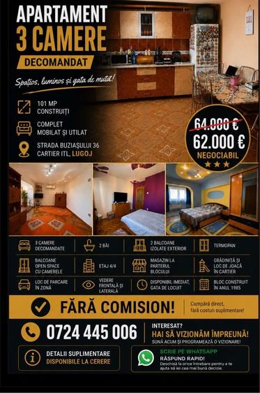 Apartament cu 3 camere decomandat în Central