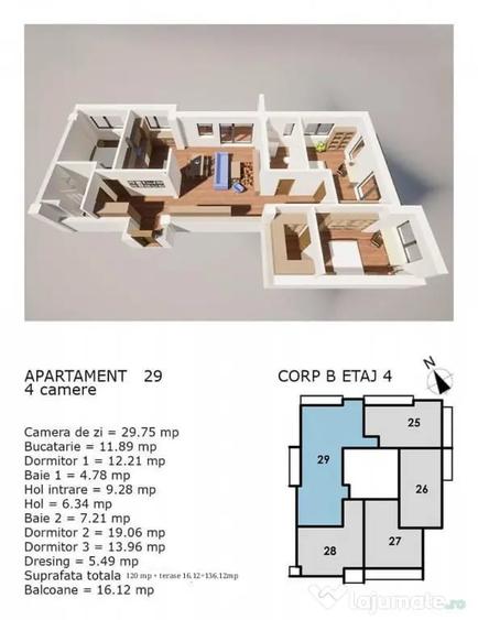 Apartament cu 3 camere semidecomandat în Central