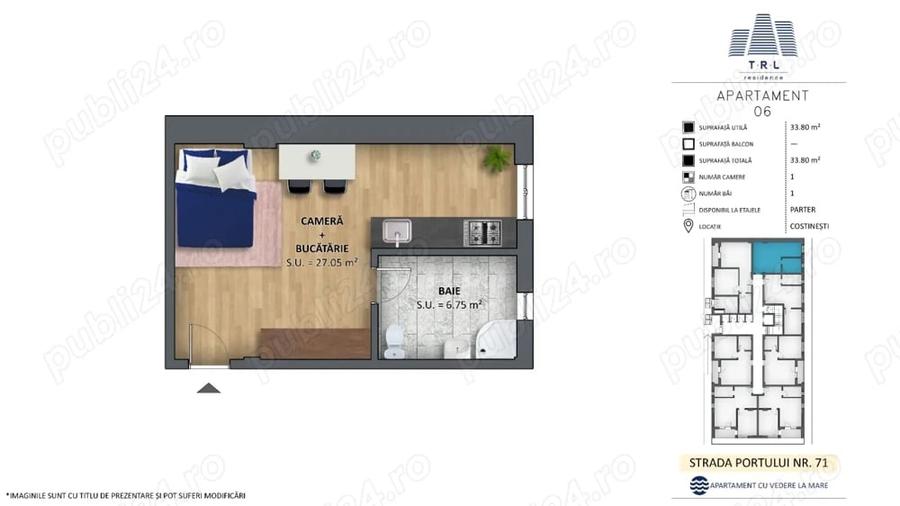Apartament cu 2 camere semidecomandat în Costinești