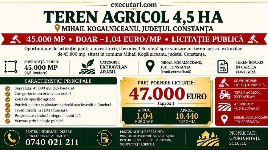Teren agricol extravilan de 45000 mp, în Mihail Kogălniceanu