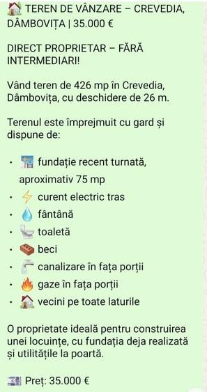 Teren de 426 mp, în Crevedia