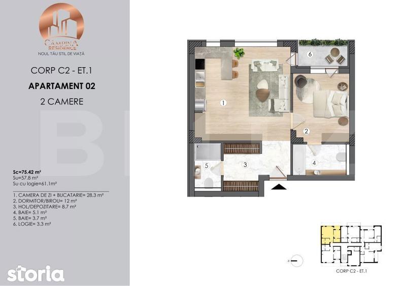 Apartament cu 2 camere, mobilat în Central