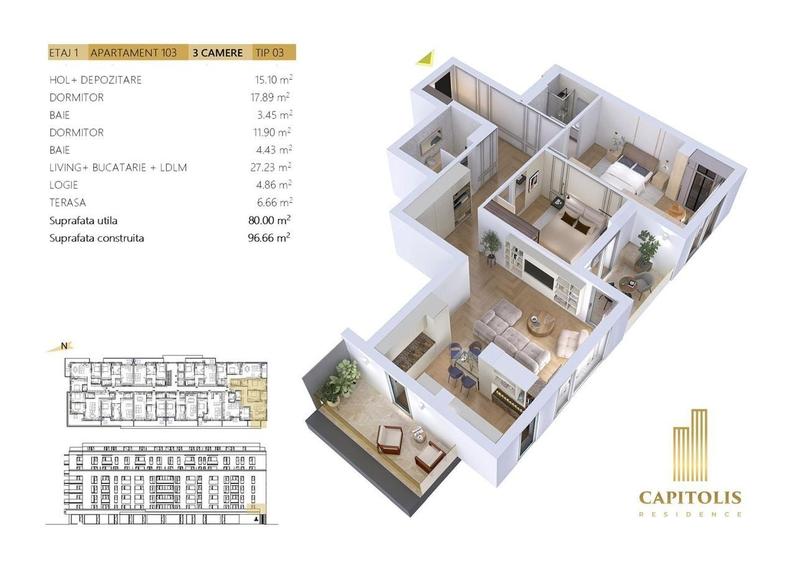 Apartament cu 3 camere în Tractorul