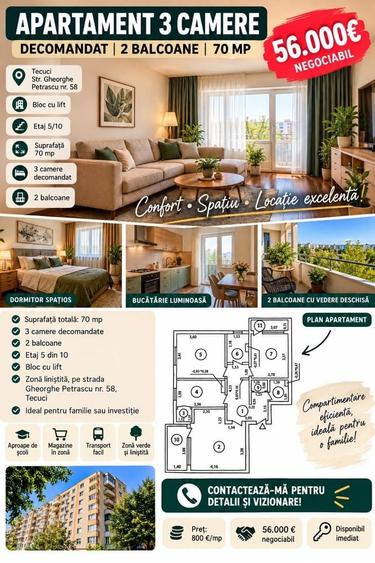 Apartament cu 3 camere decomandat în Central