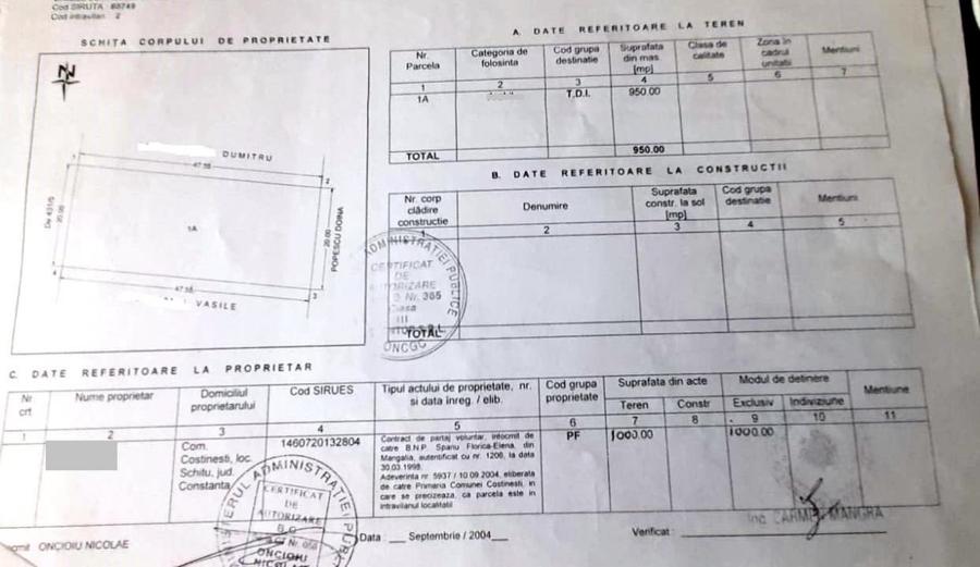 Teren Construcții intravilan de 1000 mp, în Central