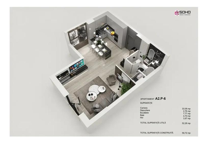 Garsonieră 52 mp utili, incalzire in pardoseala, complex Soho - 1