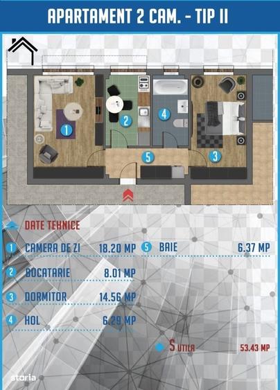 Apartament cu 2 camere în Prundu