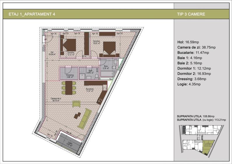Apartament cu 3 camere decomandat în Nerva Traian