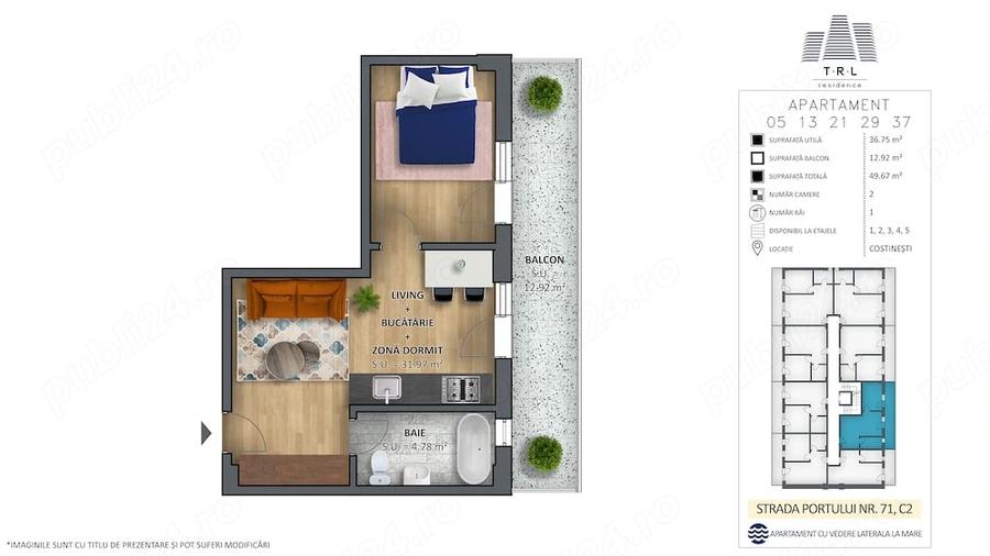 Apartament cu 2 camere semidecomandat în Costinești