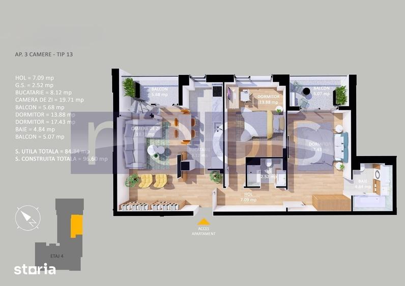 Apartament cu 3 camere în Central