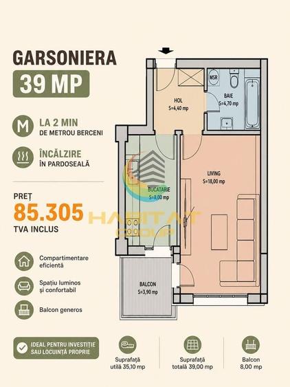 Vânzare Garsoniera 39 mp  Popești Leordeni Metrou Berceni - 1