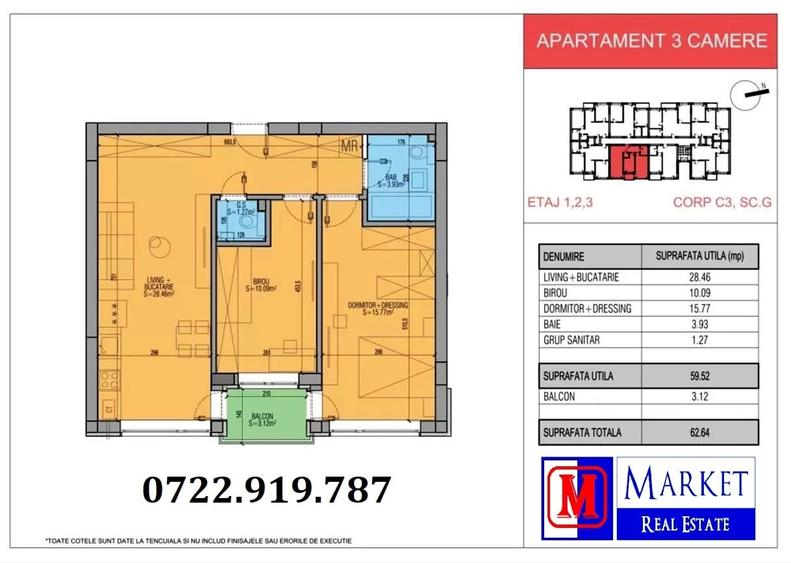 Apartament cu 3 camere nedecomandat în Central