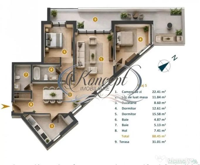 Apartament 3 camere, terasa 31 mp, strada Dunarii - Cluj-Napoca (Cluj) - 9