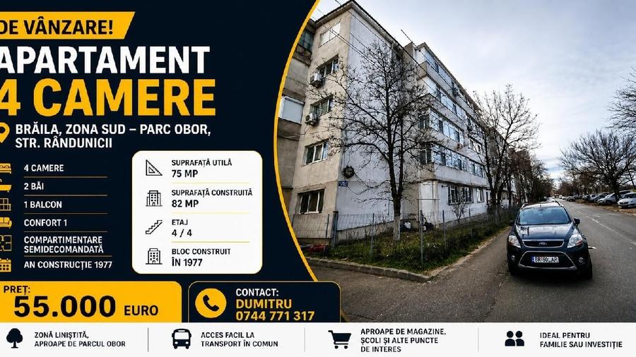 Apartament cu 4 camere semidecomandat în Sud