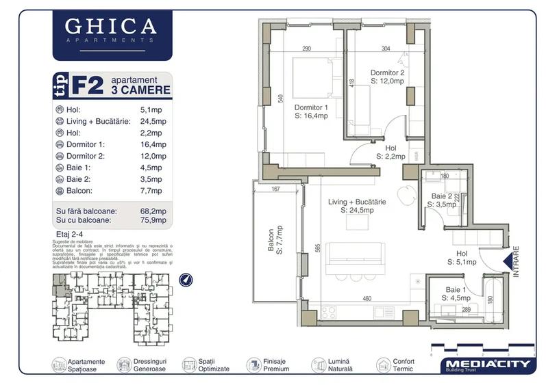 Apartament cu 3 camere în Baicului